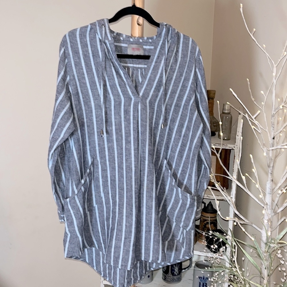 💙FORCYNTHIA XL Linen blend tunic.Bluish grey drawstring hoodie,roll tab sleeves.